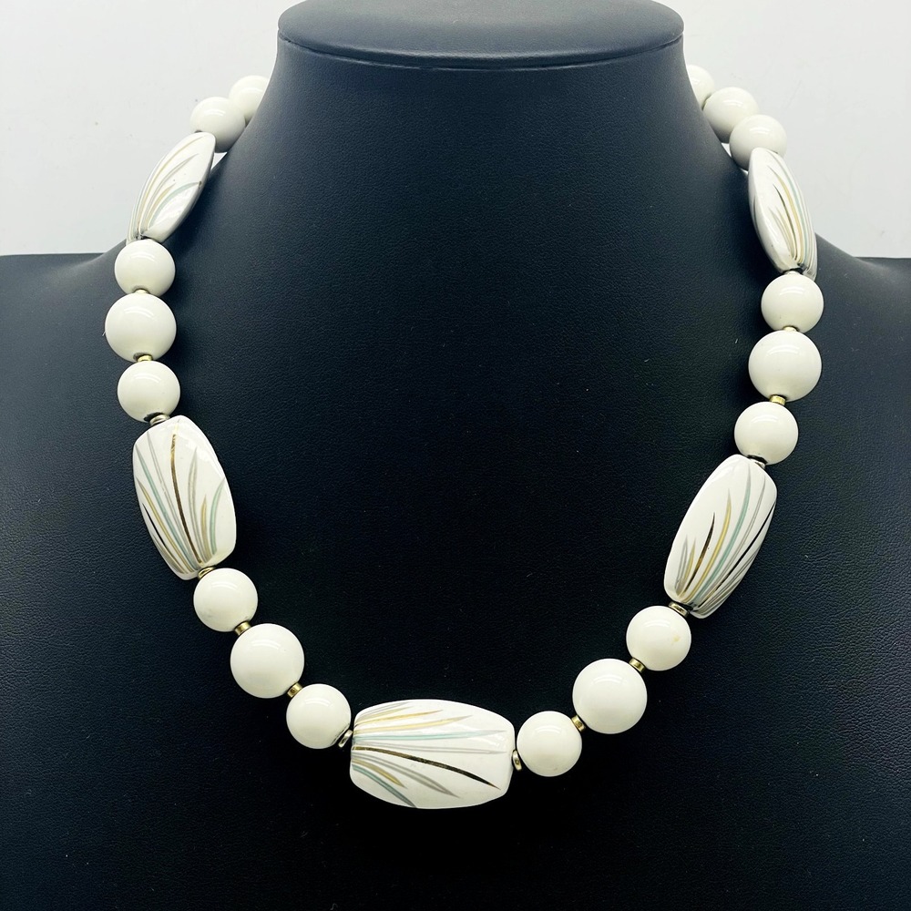 Vintage Japan Necklace White Painted Bead Oval Round Beads Mid Century Retro